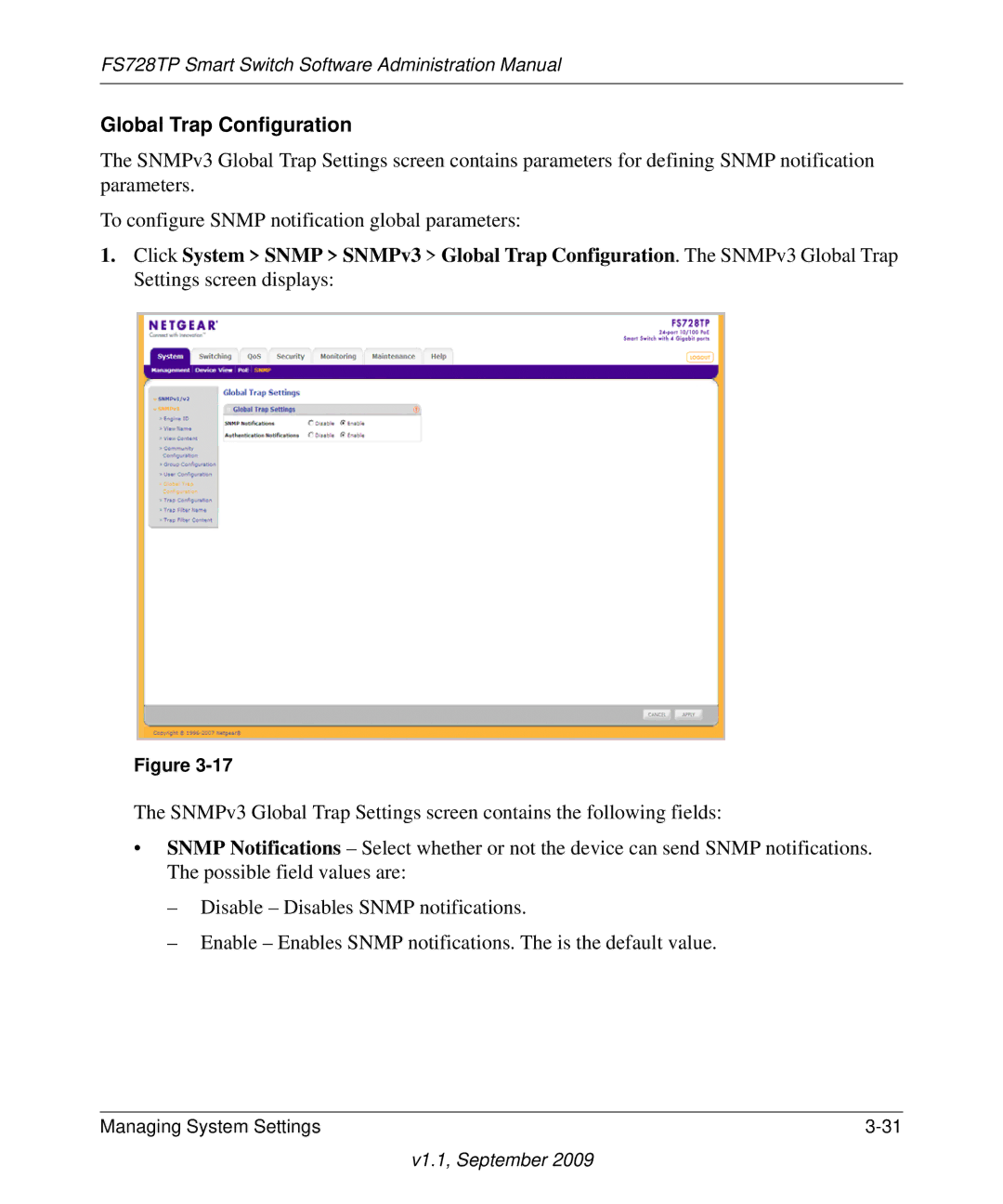 NETGEAR FS728TP manual Global Trap Configuration 