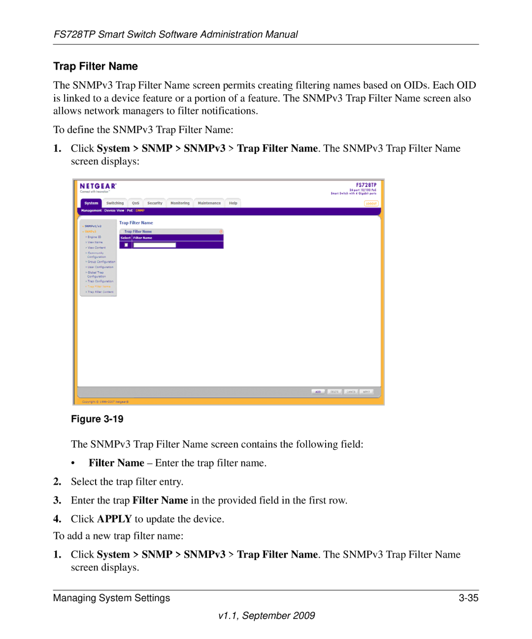 NETGEAR FS728TP manual Trap Filter Name 