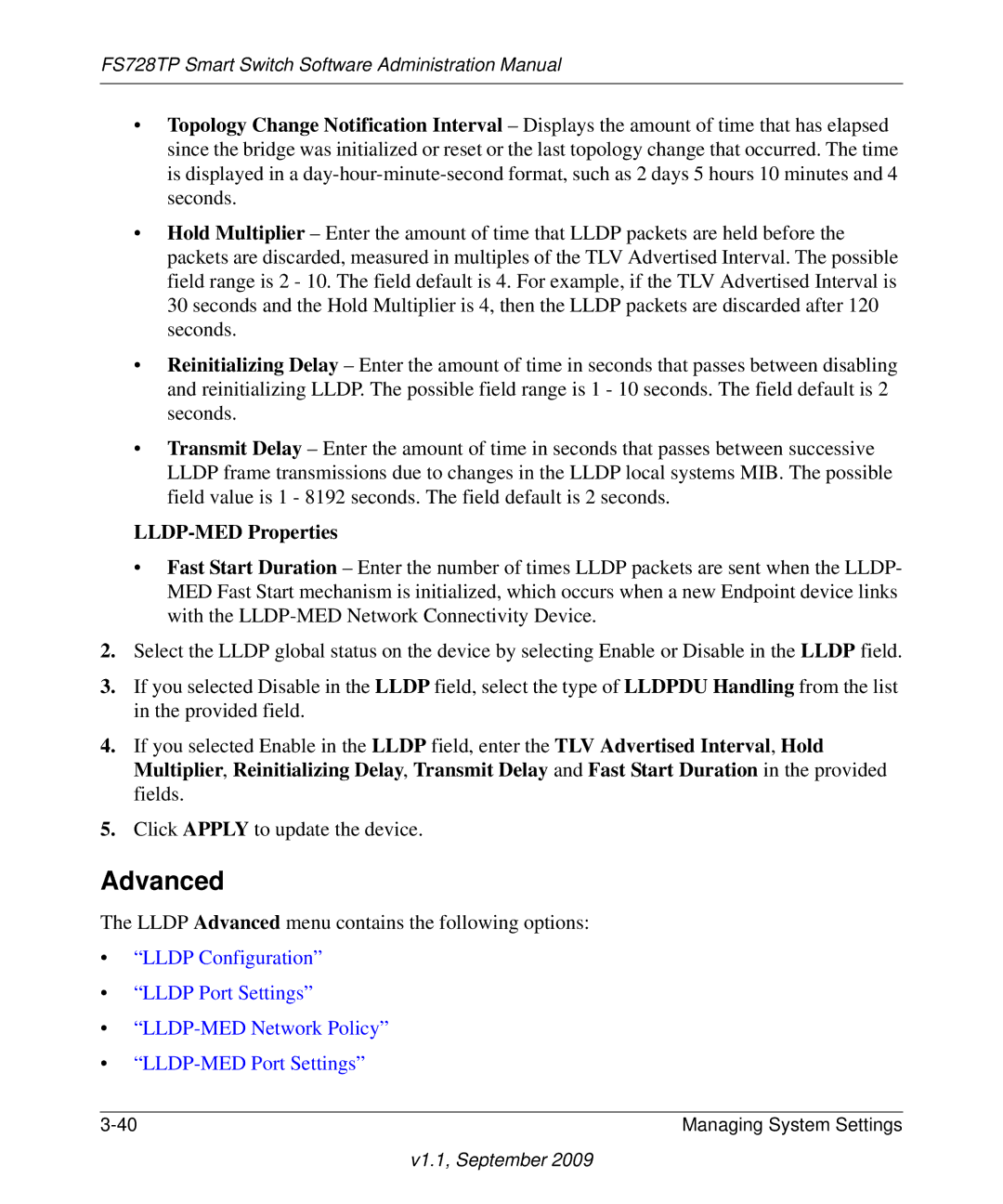 NETGEAR FS728TP manual Advanced, LLDP-MED Properties 