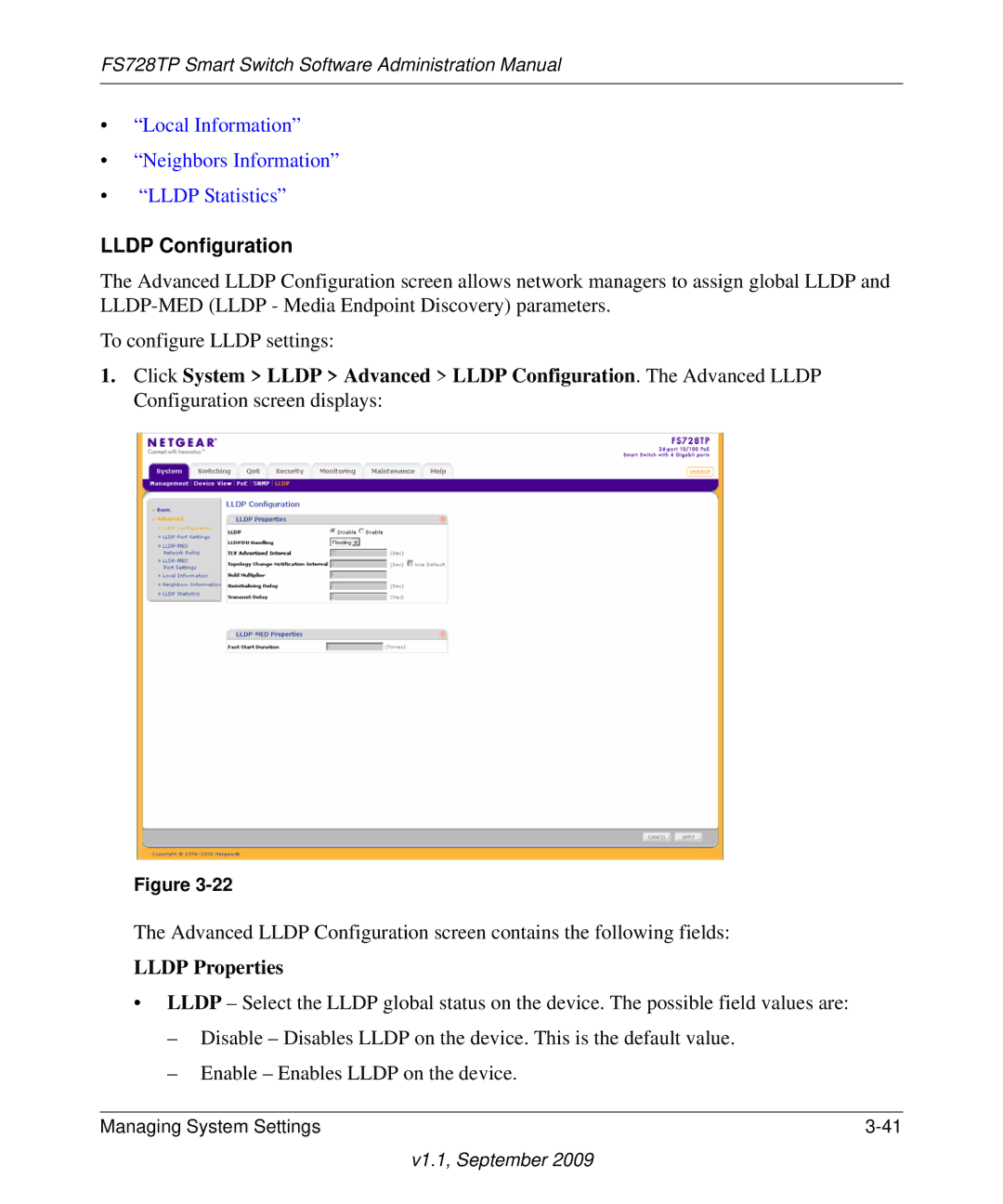 NETGEAR FS728TP manual Local Information Neighbors Information Lldp Statistics 