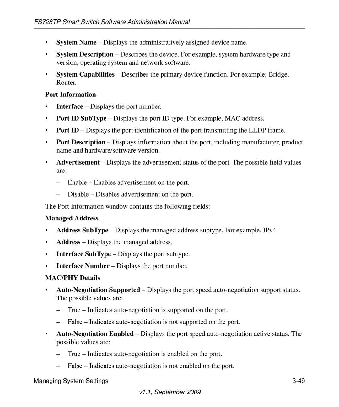 NETGEAR FS728TP manual Port Information, Managed Address, MAC/PHY Details 