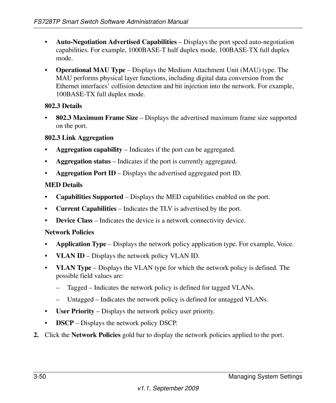 NETGEAR FS728TP manual Link Aggregation, MED Details, Network Policies 