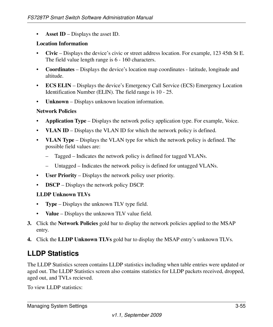 NETGEAR FS728TP manual Lldp Statistics, Location Information, Lldp Unknown TLVs 