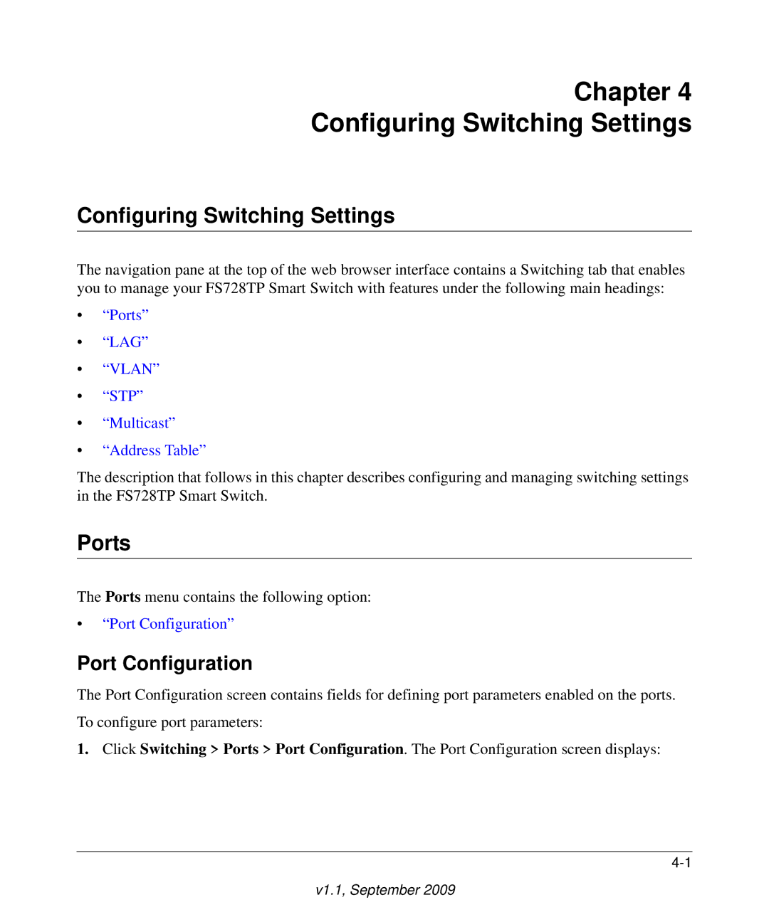 NETGEAR FS728TP manual Configuring Switching Settings, Ports, Port Configuration 