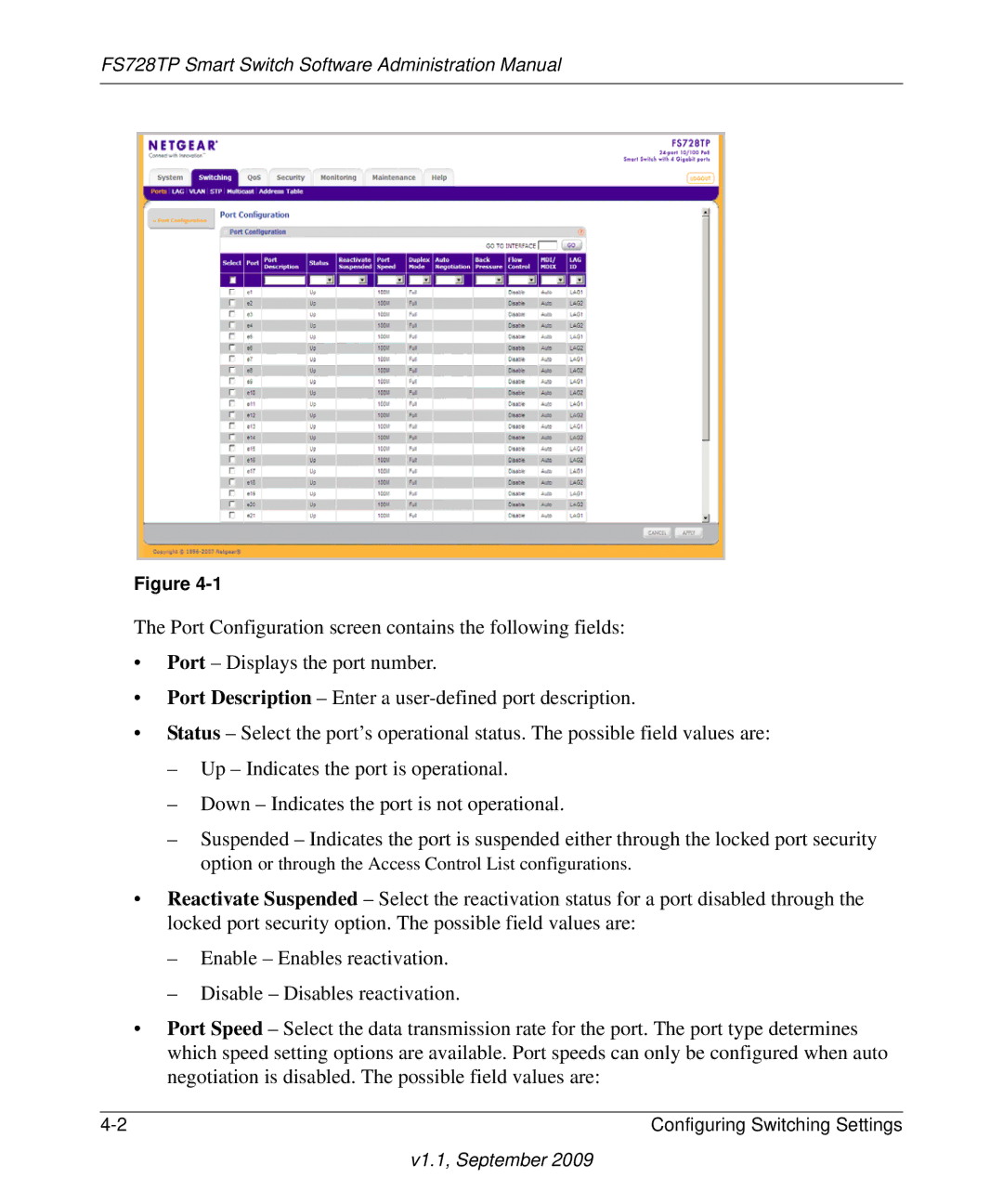 NETGEAR FS728TP manual Configuring Switching Settings 