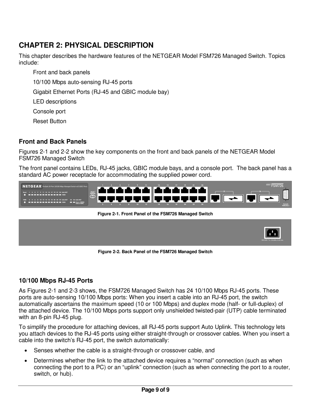 NETGEAR FSM726 manual Physical Description, Front and Back Panels, 10/100 Mbps RJ-45 Ports 