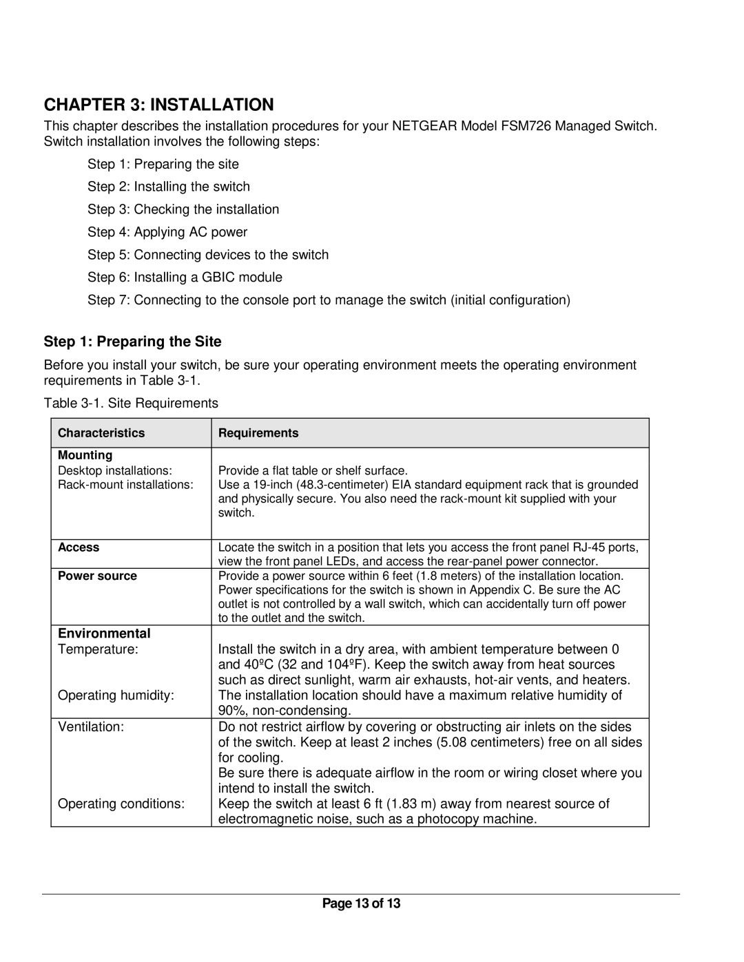 NETGEAR FSM726 manual Installation, Preparing the Site, Environmental 