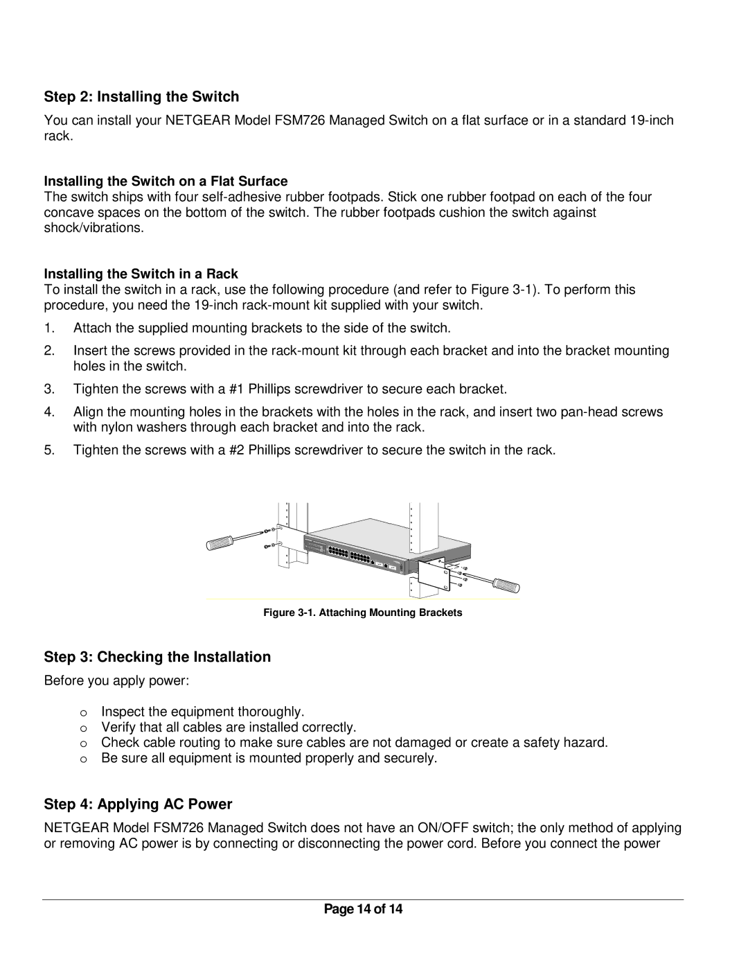 NETGEAR FSM726 manual Checking the Installation, Applying AC Power, Installing the Switch in a Rack 