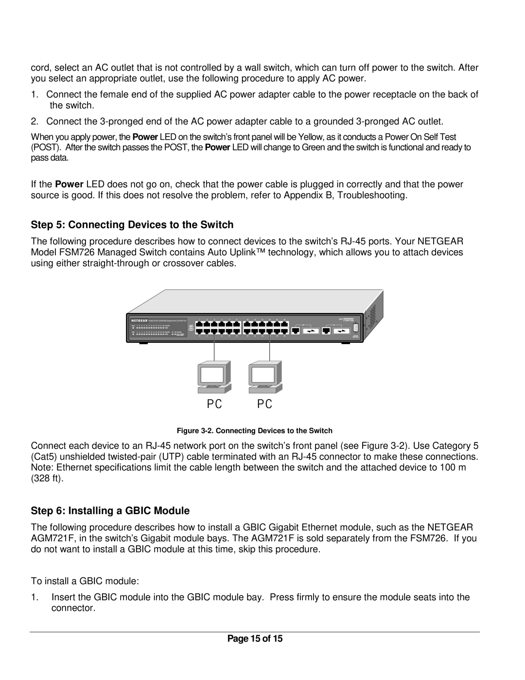 NETGEAR FSM726 manual Connecting Devices to the Switch, Installing a Gbic Module 