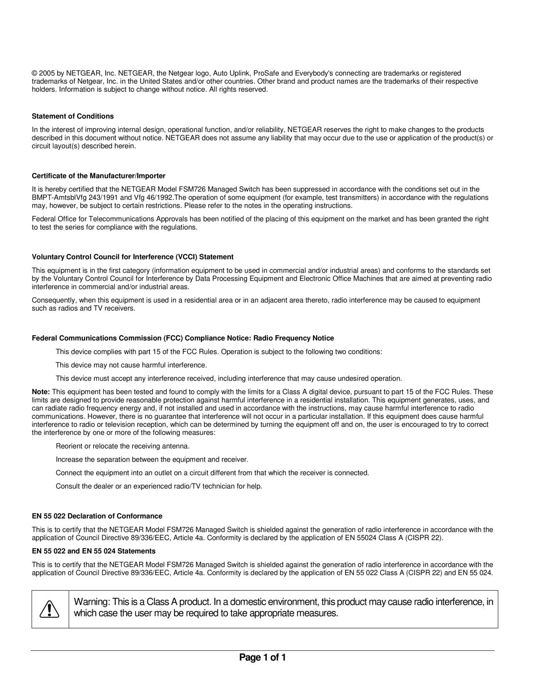 NETGEAR FSM726 manual Statement of Conditions 