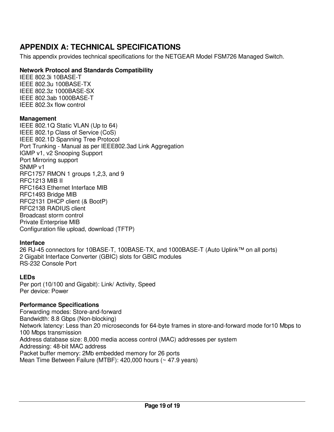 NETGEAR FSM726 Appendix a Technical Specifications, Network Protocol and Standards Compatibility, Management, Interface 