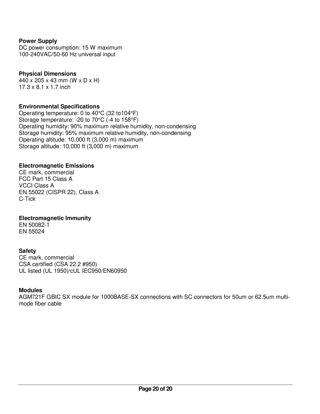 NETGEAR FSM726 manual Power Supply, Physical Dimensions, Environmental Specifications, Electromagnetic Emissions, Modules 