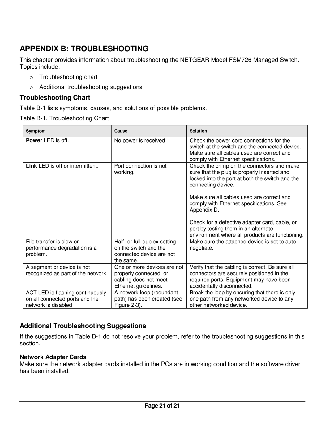 NETGEAR FSM726 manual Appendix B Troubleshooting, Troubleshooting Chart, Additional Troubleshooting Suggestions 