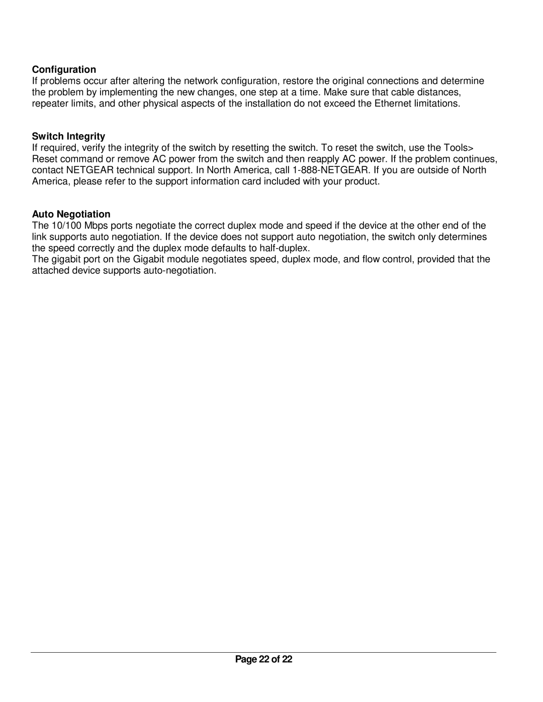 NETGEAR FSM726 manual Configuration, Switch Integrity, Auto Negotiation 