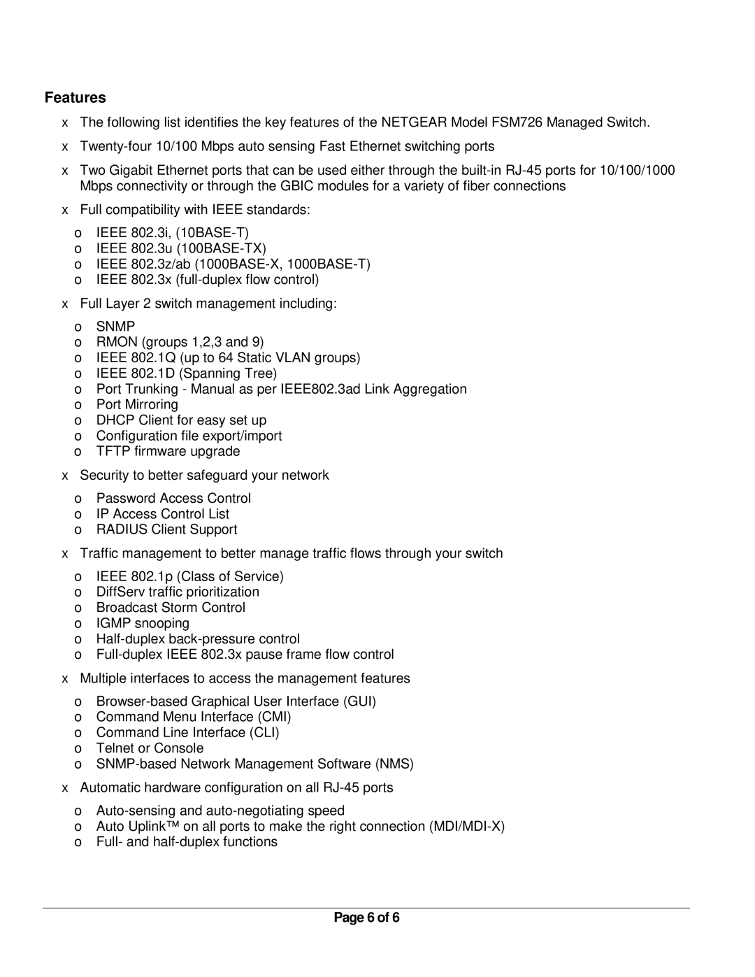 NETGEAR FSM726 manual Features 