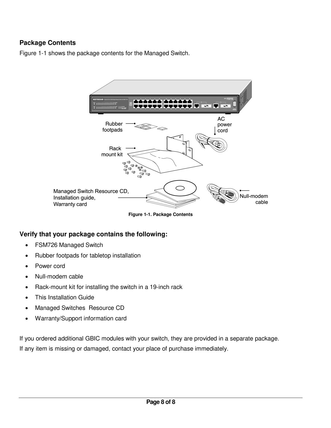 NETGEAR FSM726 manual Package Contents, Verify that your package contains the following 