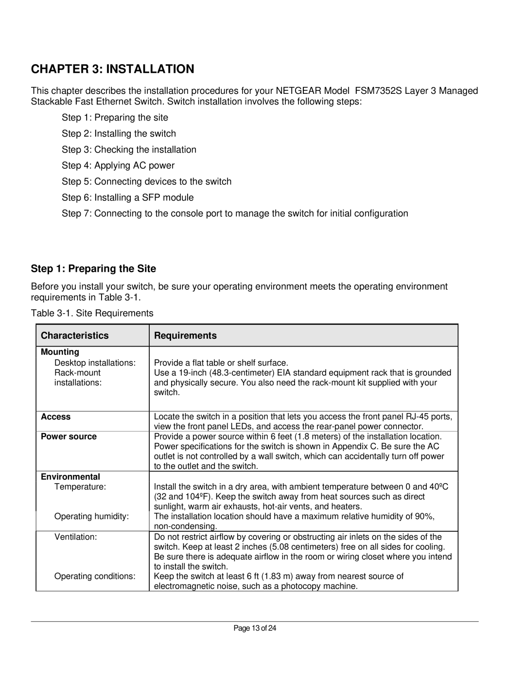 NETGEAR FSM7352S manual Installation, Preparing the Site, Characteristics Requirements 