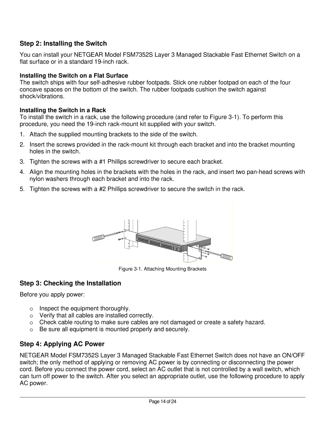 NETGEAR FSM7352S manual Checking the Installation, Applying AC Power, Installing the Switch in a Rack 