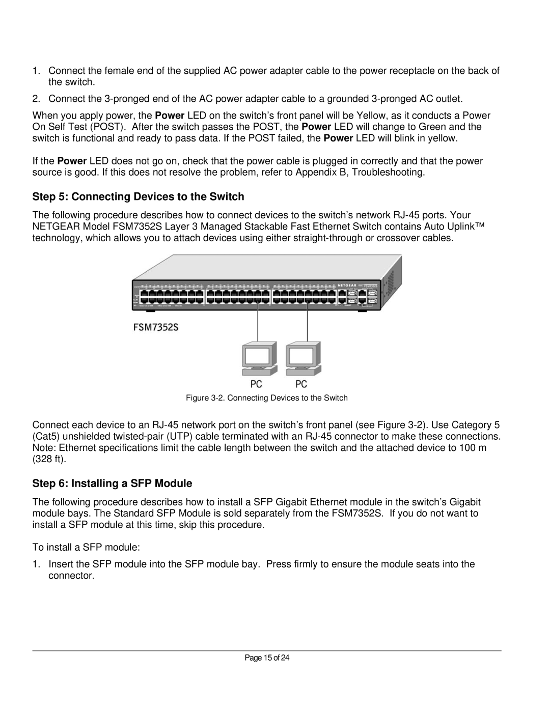 NETGEAR FSM7352S manual Connecting Devices to the Switch, Installing a SFP Module 