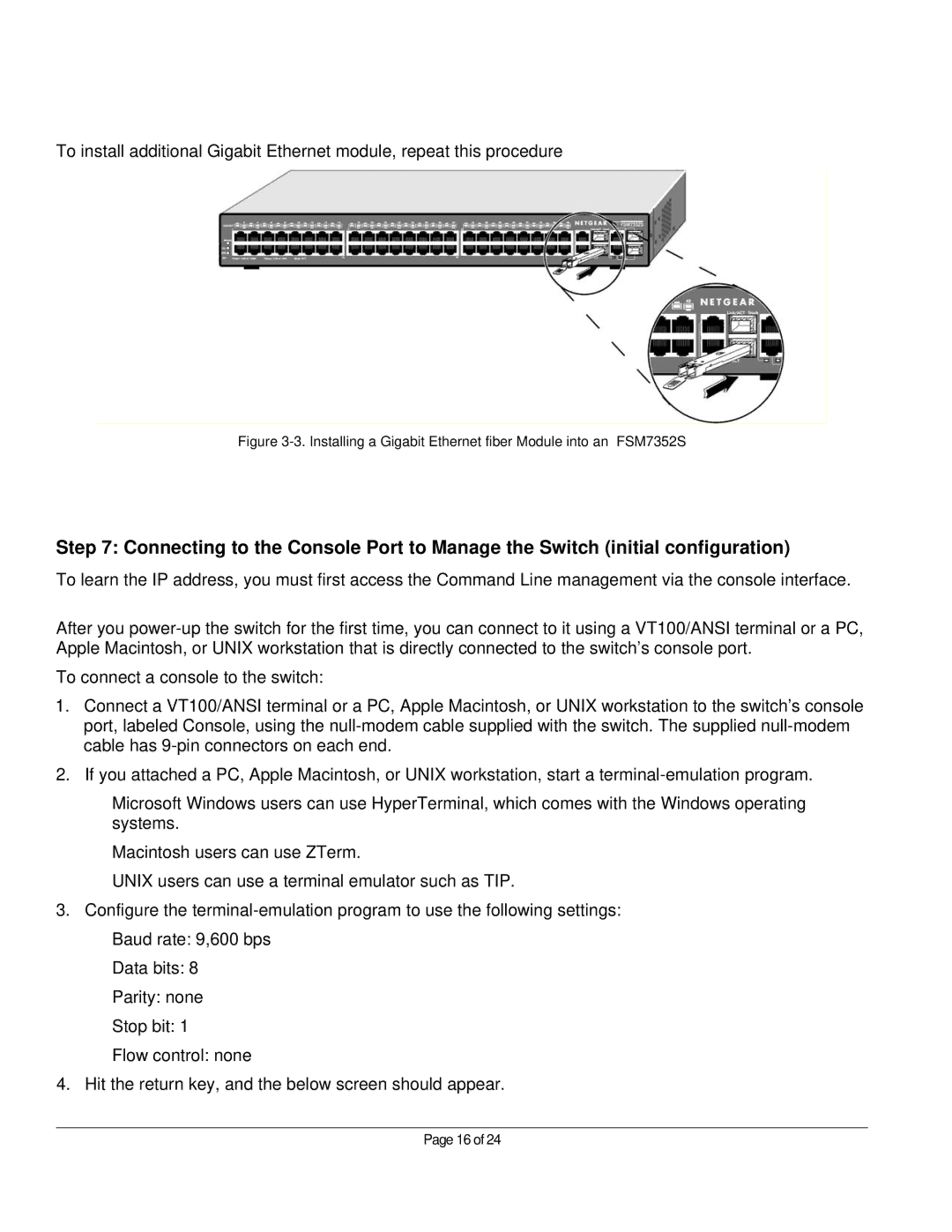 NETGEAR manual Installing a Gigabit Ethernet fiber Module into an FSM7352S 