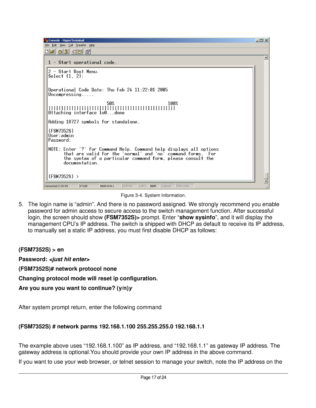 NETGEAR manual FSM7352S # network parms 192.168.1.100 255.255.255.0, System Information 