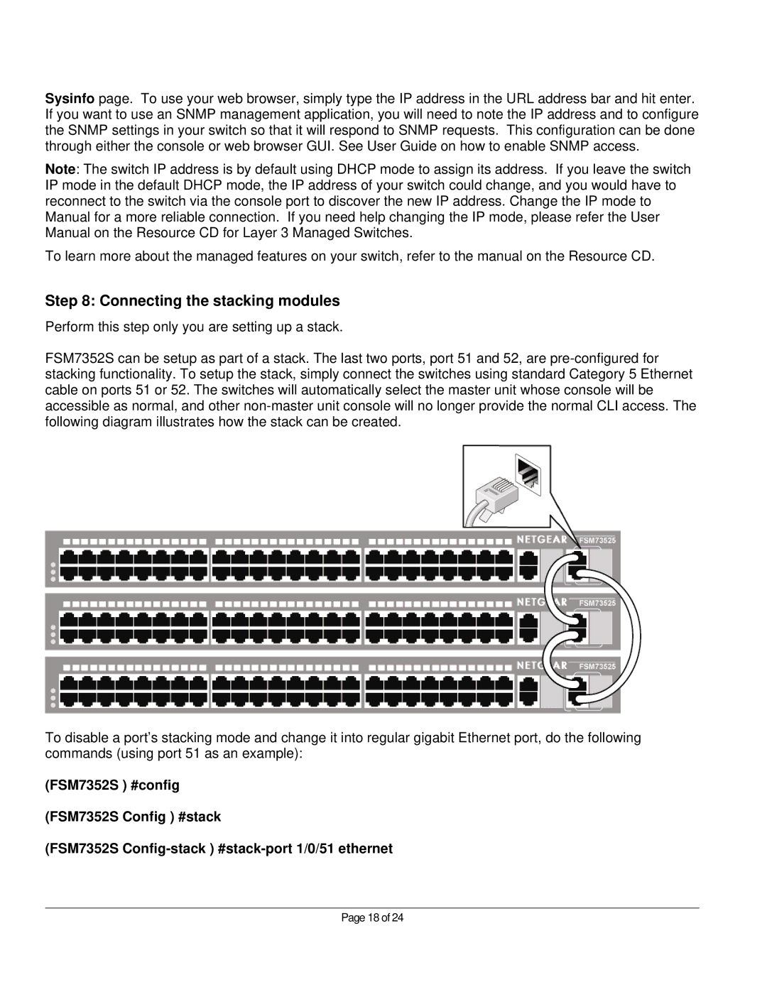 NETGEAR FSM7352S manual Connecting the stacking modules 