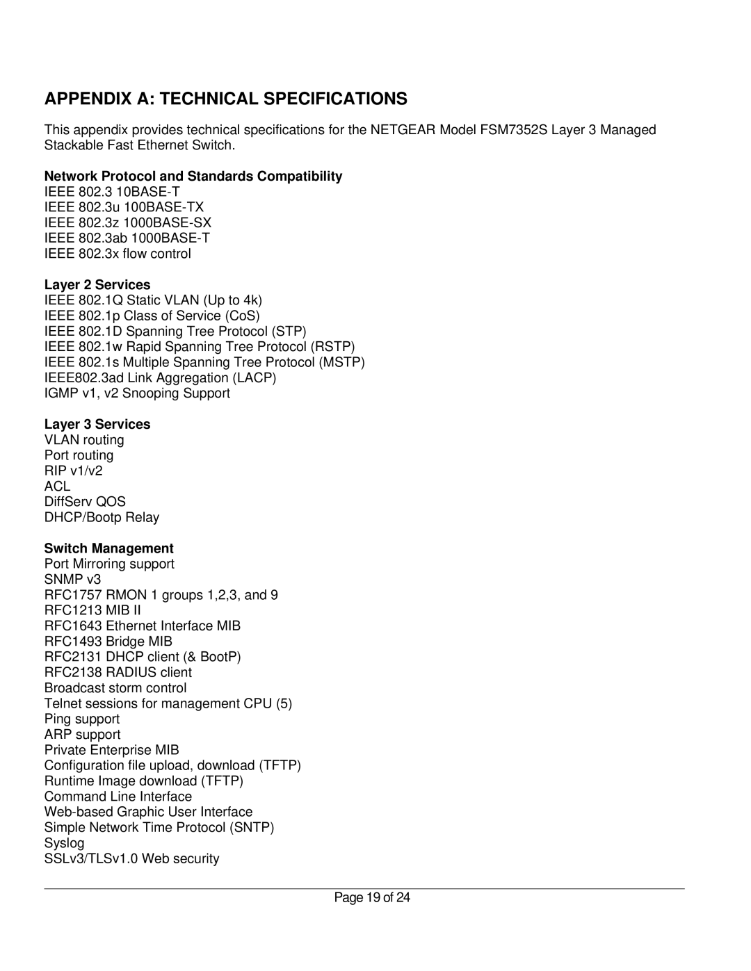 NETGEAR FSM7352S manual Appendix a Technical Specifications, Network Protocol and Standards Compatibility, Layer 2 Services 