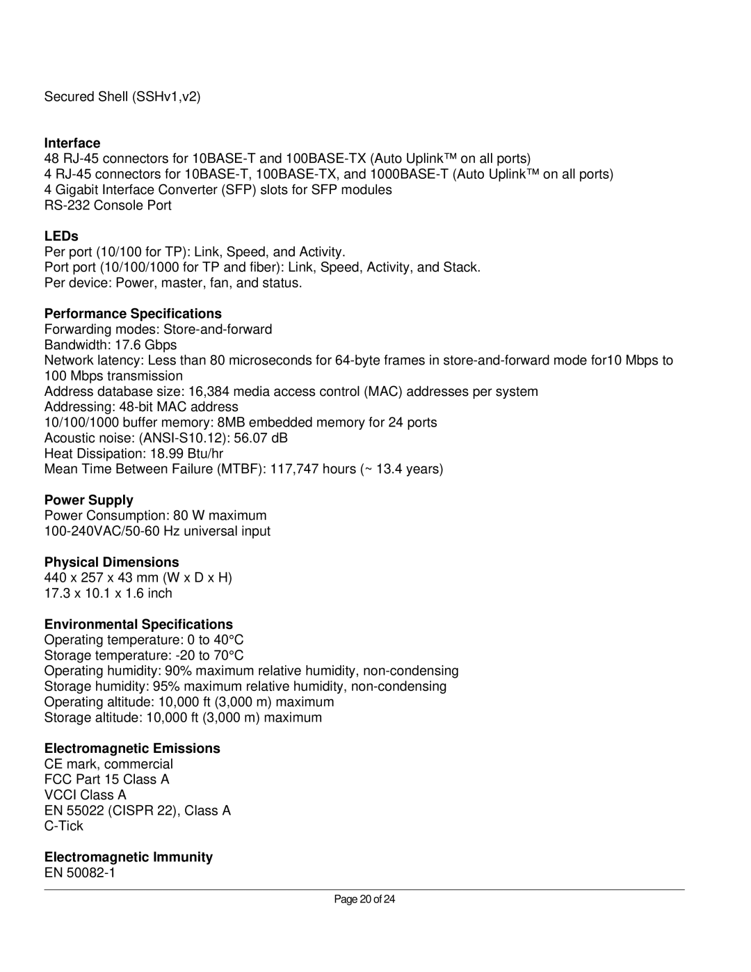 NETGEAR FSM7352S manual Interface, LEDs, Power Supply, Physical Dimensions, Environmental Specifications 