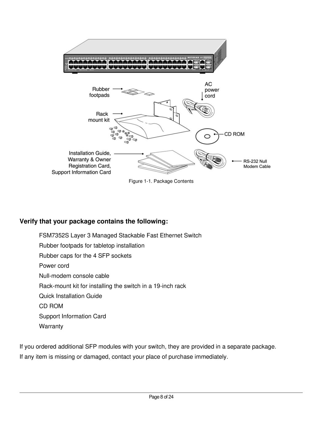 NETGEAR FSM7352S manual Verify that your package contains the following, Cd Rom 