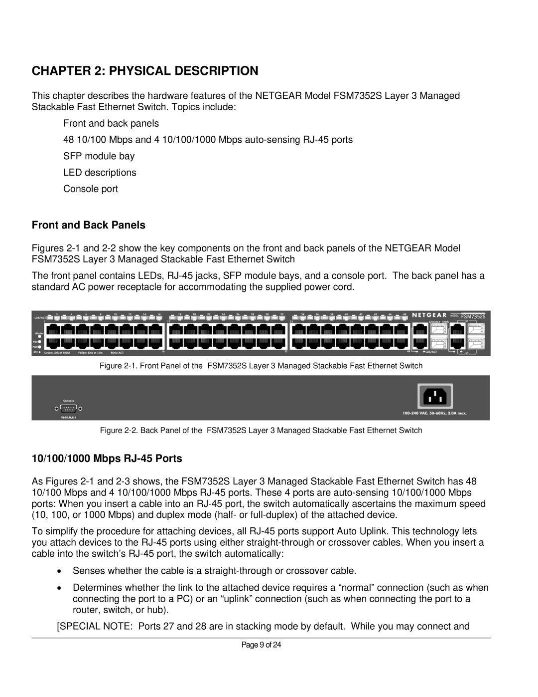 NETGEAR FSM7352S manual Physical Description, Front and Back Panels, 10/100/1000 Mbps RJ-45 Ports 