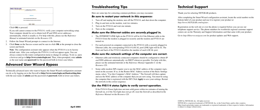 NETGEAR FSV144 manual Advanced User Wizard Bypass, Troubleshooting Tips, Technical Support 