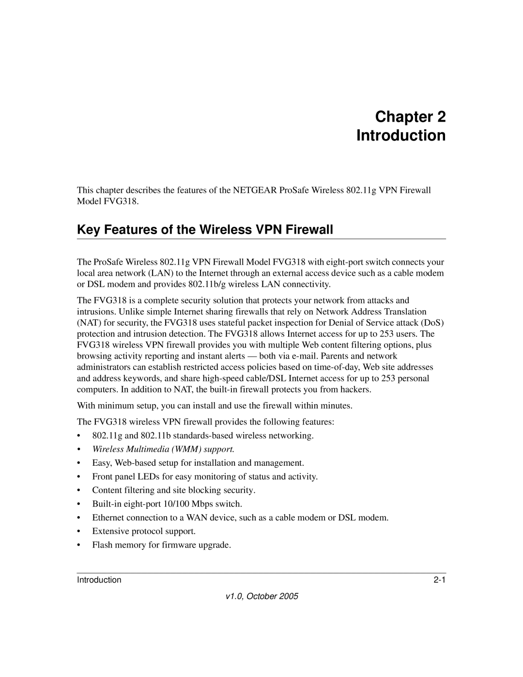 NETGEAR FVG318 manual Chapter Introduction, Key Features of the Wireless VPN Firewall 