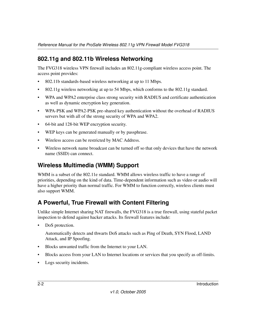 NETGEAR FVG318 manual 802.11g and 802.11b Wireless Networking, Wireless Multimedia WMM Support 