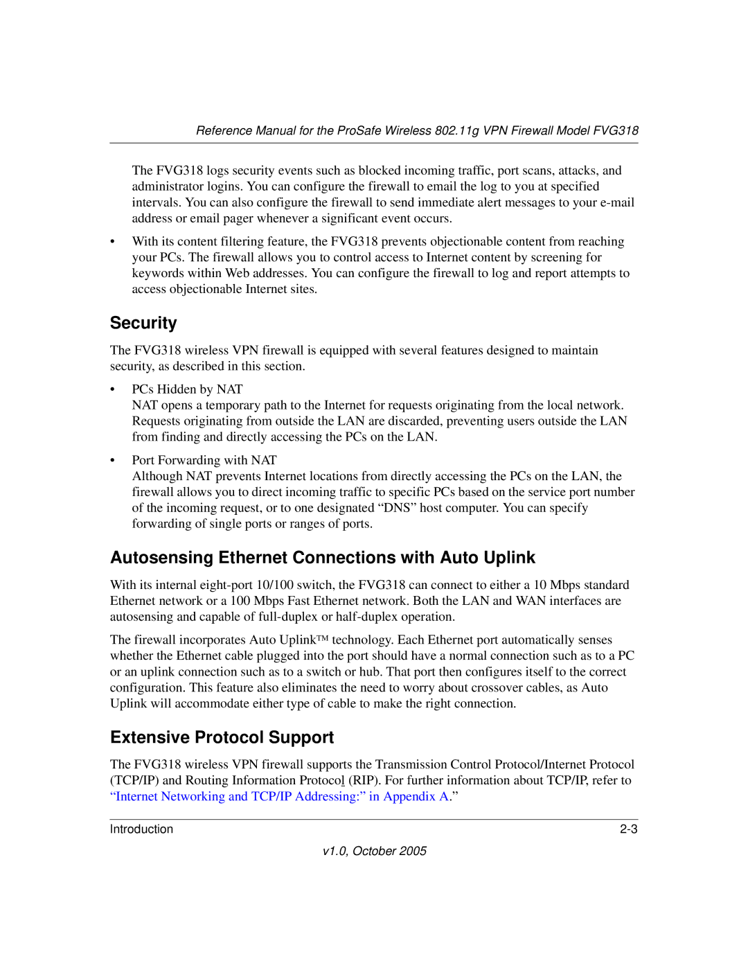 NETGEAR FVG318 manual Security, Autosensing Ethernet Connections with Auto Uplink, Extensive Protocol Support 