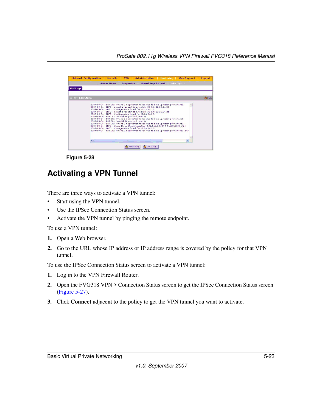 NETGEAR FVG318NA manual Activating a VPN Tunnel 