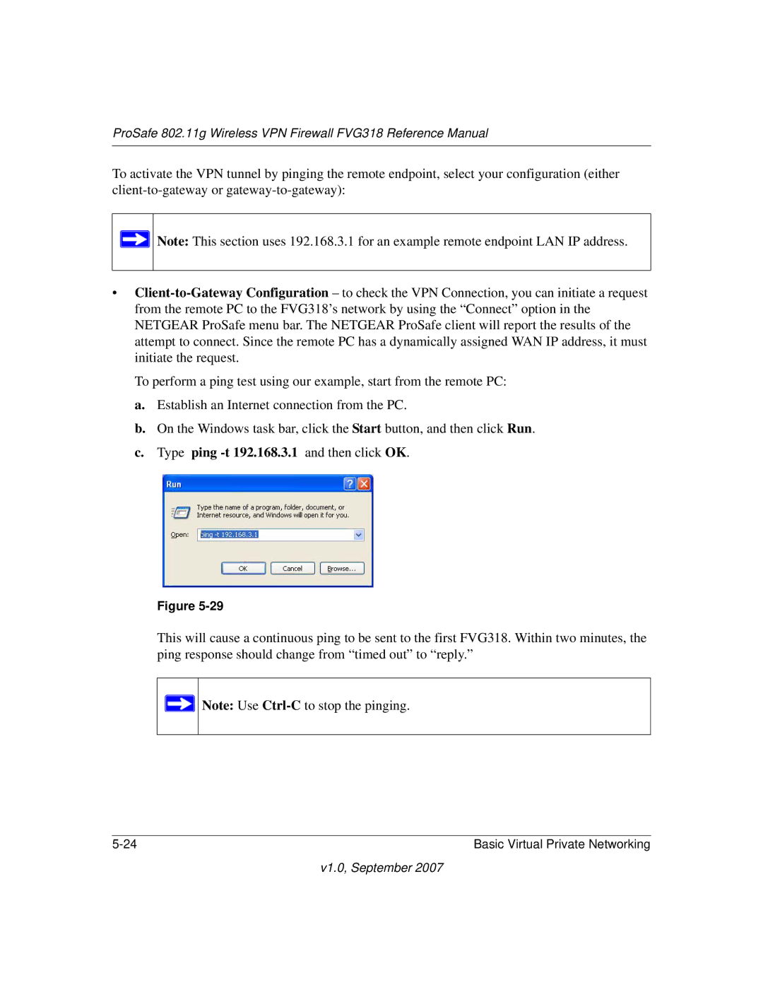 NETGEAR FVG318NA manual Type ping -t 192.168.3.1 and then click OK 