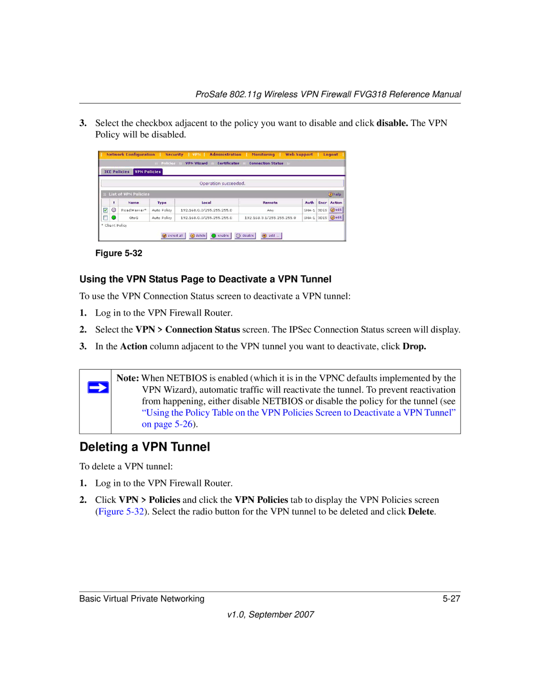 NETGEAR FVG318NA manual Deleting a VPN Tunnel, Using the VPN Status Page to Deactivate a VPN Tunnel 