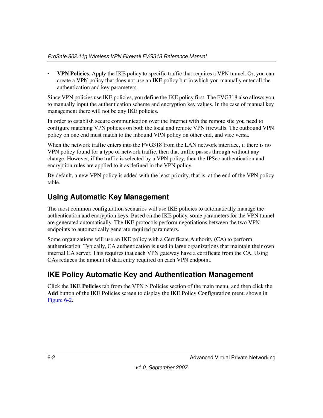 NETGEAR FVG318NA manual Using Automatic Key Management, IKE Policy Automatic Key and Authentication Management 