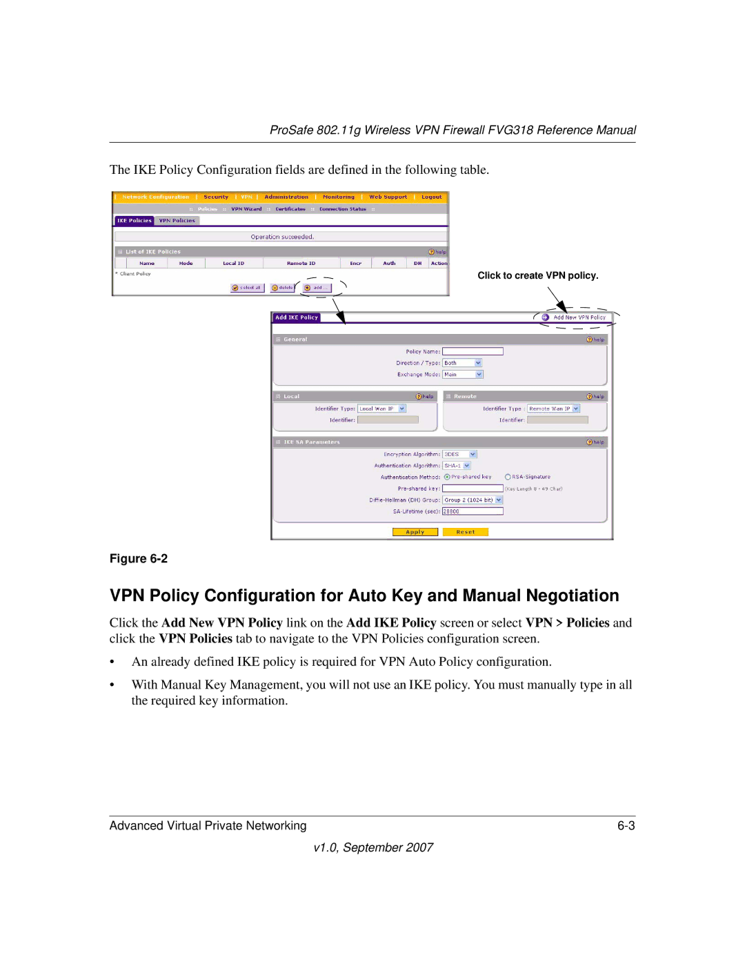 NETGEAR FVG318NA manual VPN Policy Configuration for Auto Key and Manual Negotiation 