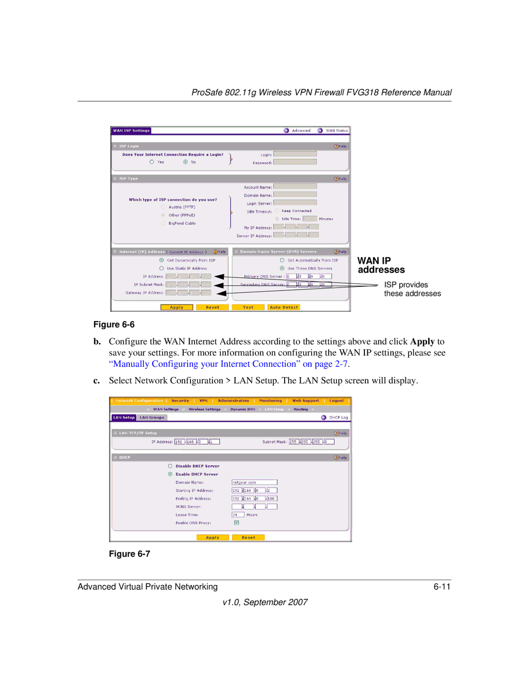 NETGEAR FVG318NA manual WAN IP addresses 