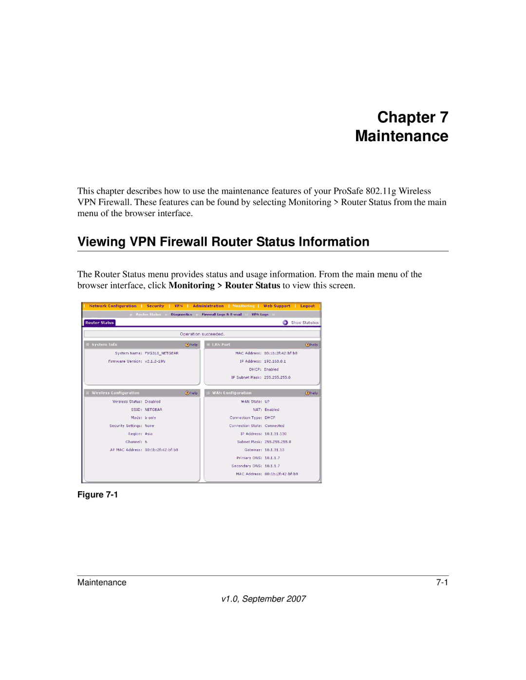 NETGEAR FVG318NA manual Chapter Maintenance, Viewing VPN Firewall Router Status Information 