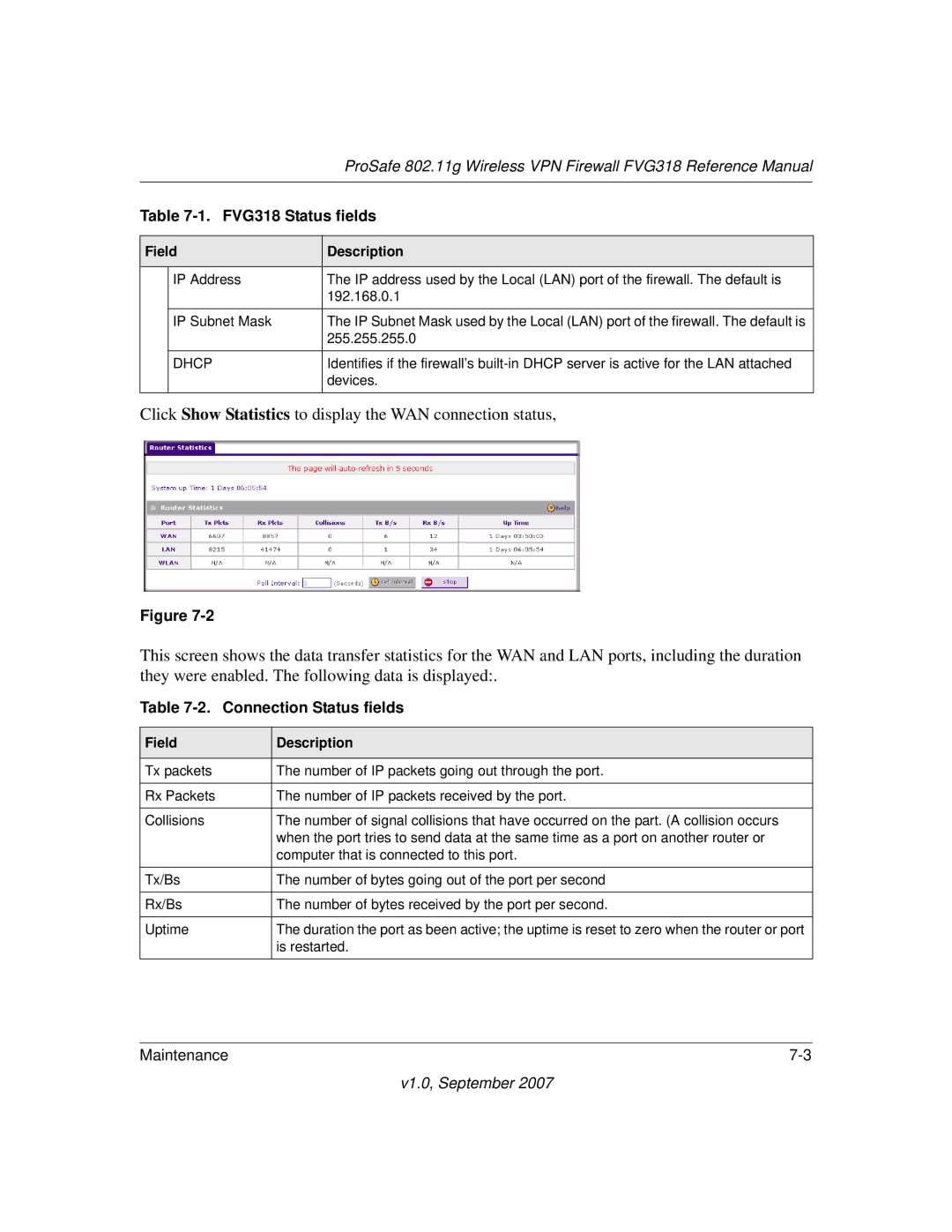 NETGEAR FVG318NA manual Connection Status fields 