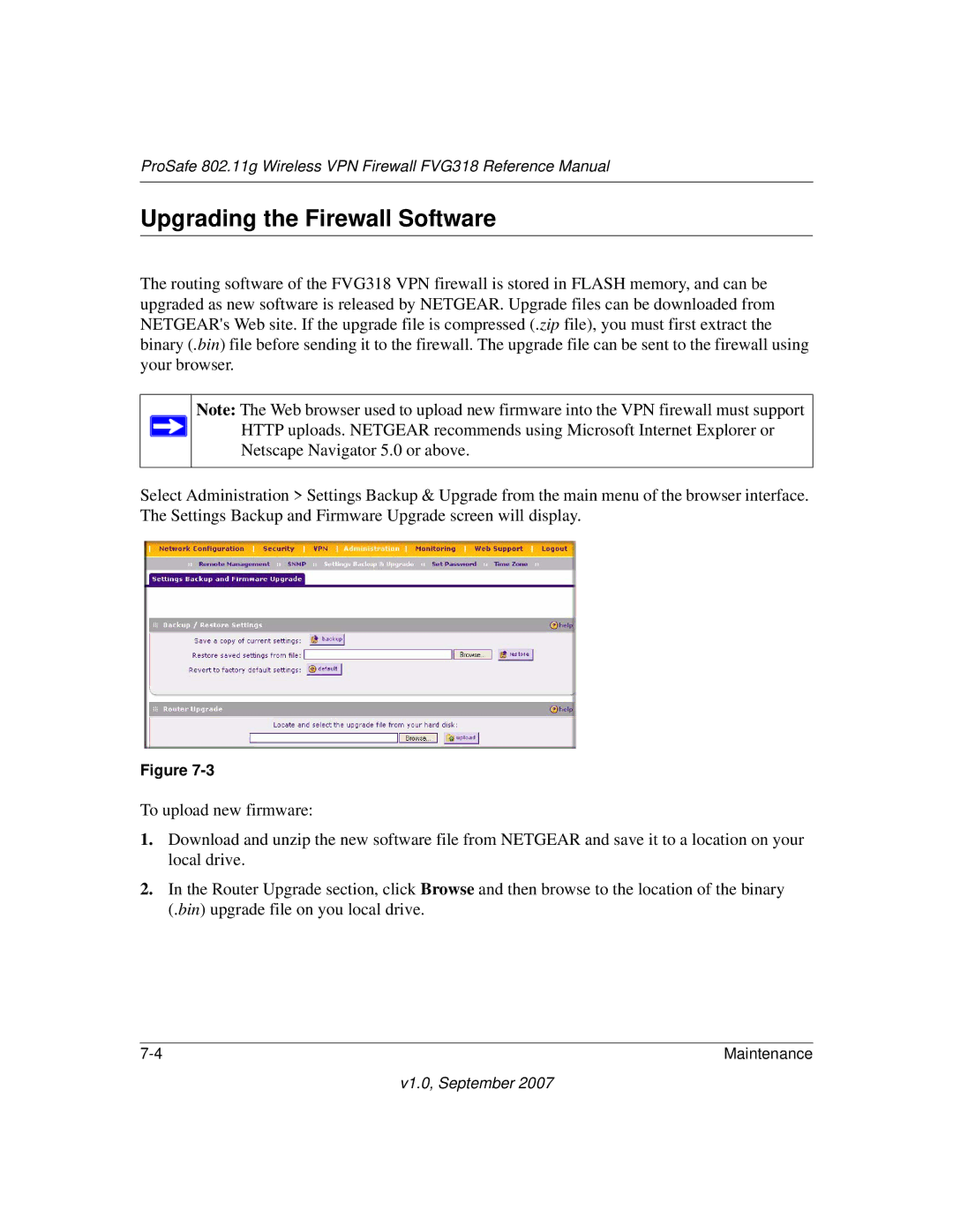 NETGEAR FVG318NA manual Upgrading the Firewall Software 