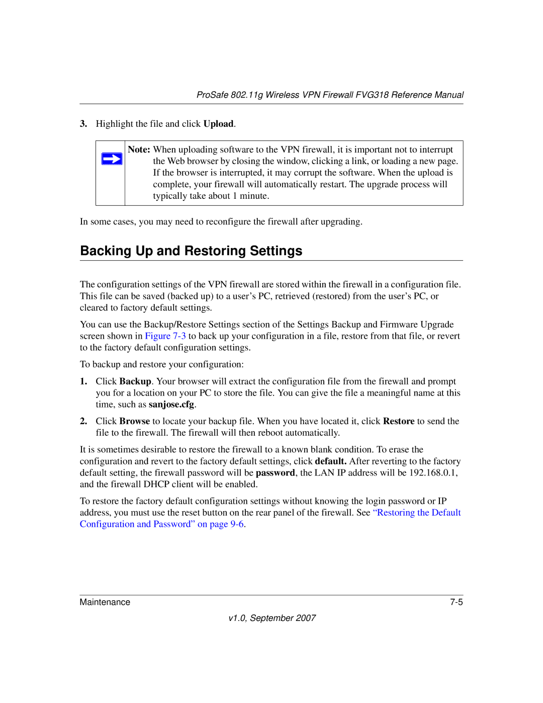 NETGEAR FVG318NA manual Backing Up and Restoring Settings 