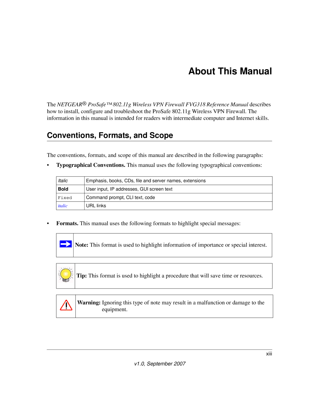 NETGEAR FVG318NA manual About This Manual, Conventions, Formats, and Scope 