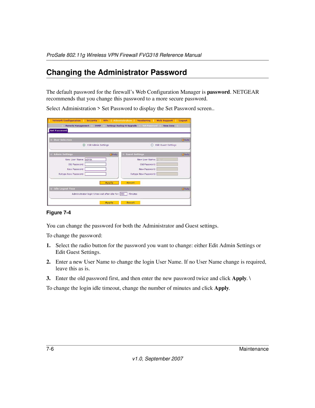 NETGEAR FVG318NA manual Changing the Administrator Password 