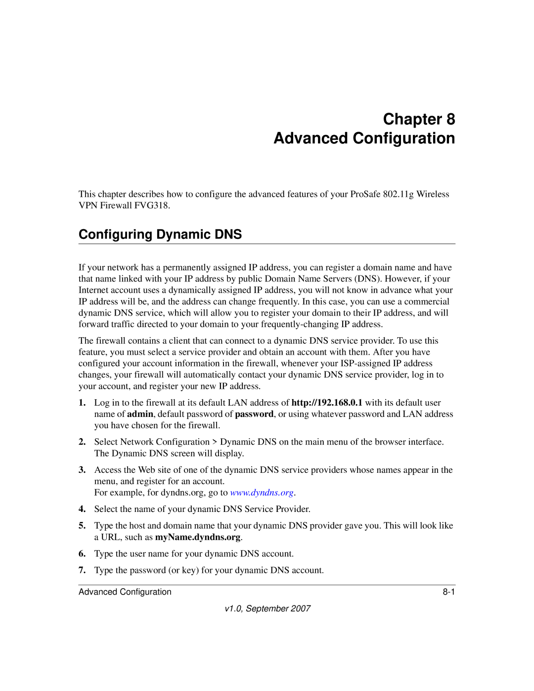 NETGEAR FVG318NA manual Chapter Advanced Configuration, Configuring Dynamic DNS 