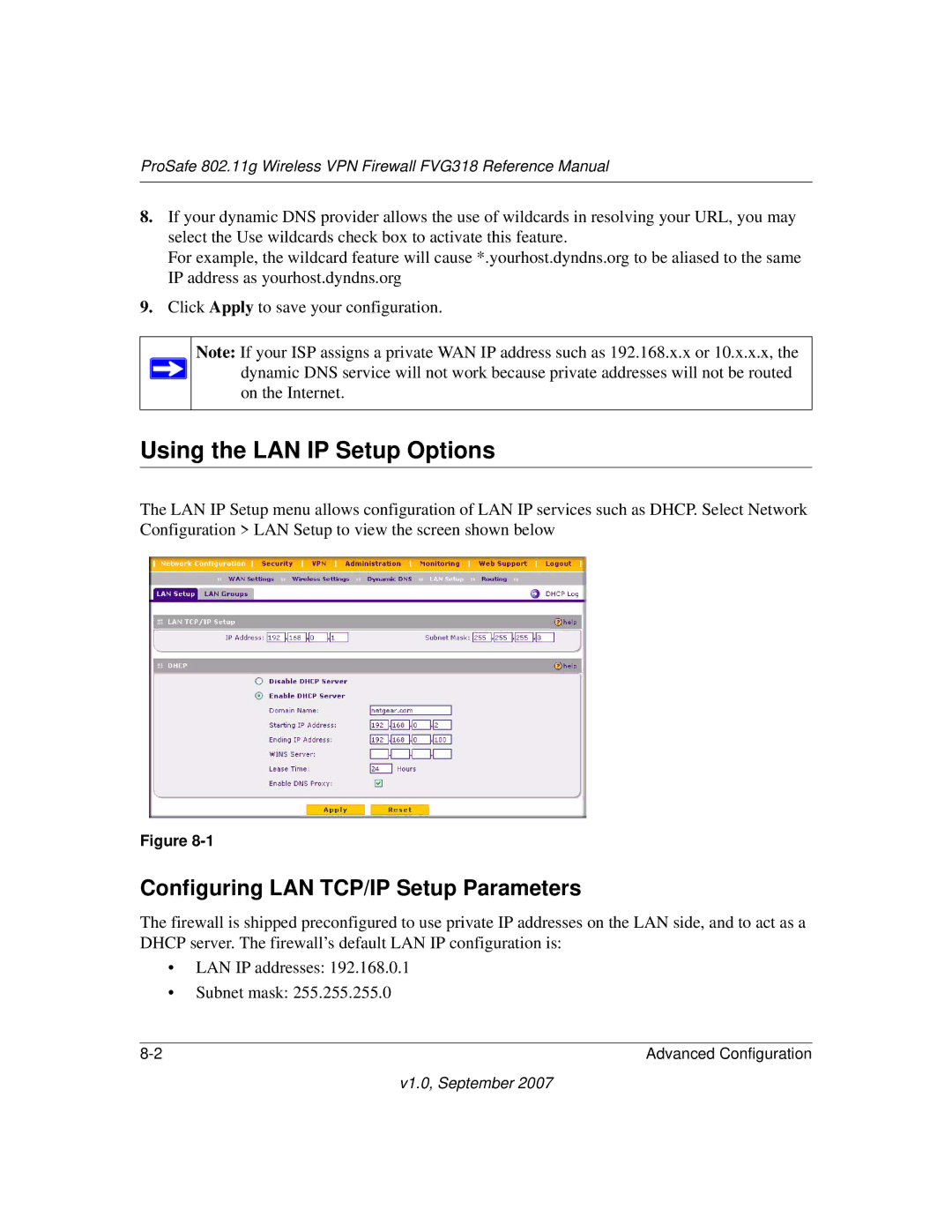 NETGEAR FVG318NA manual Using the LAN IP Setup Options, Configuring LAN TCP/IP Setup Parameters 