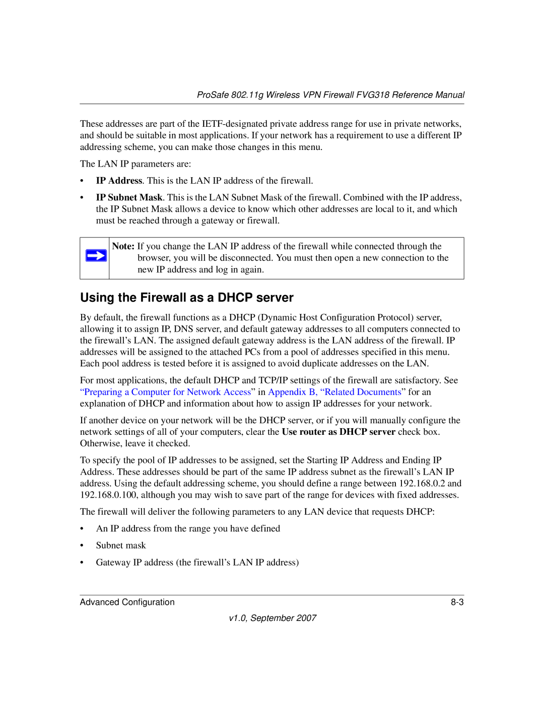 NETGEAR FVG318NA manual Using the Firewall as a Dhcp server 