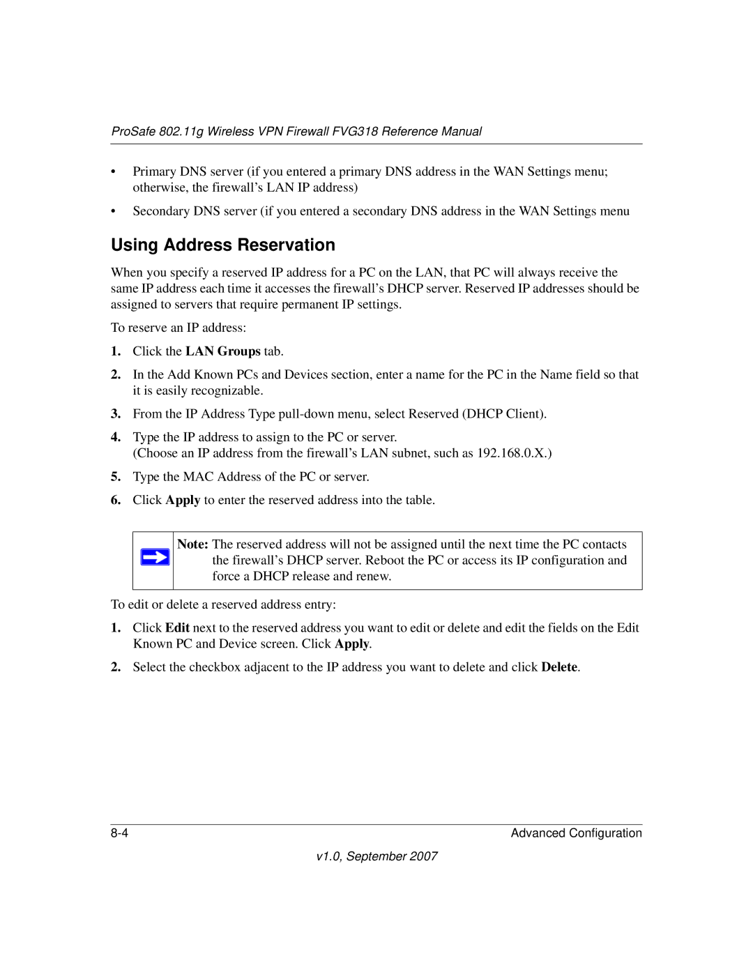 NETGEAR FVG318NA manual Using Address Reservation 